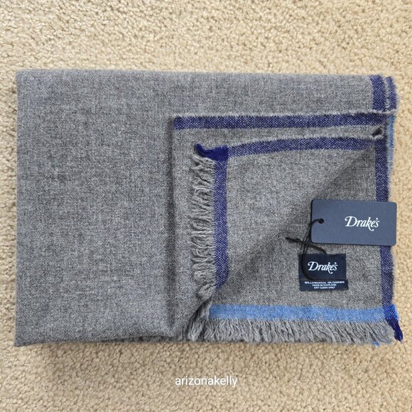 NWT Drake's Wool Cashmere Scarf Grey with Blue Border - Picture 15 of 16